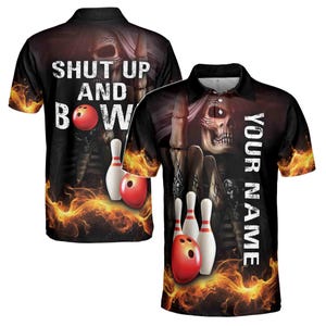 Customize Name Skull Bowling Shut Up And Bowl Flame Men&#39;s Polo Shirt S-5XL