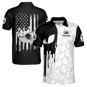 Personalized America Flag Skull Bowling Strike Men&#39;s Polo Shirt S-5XL