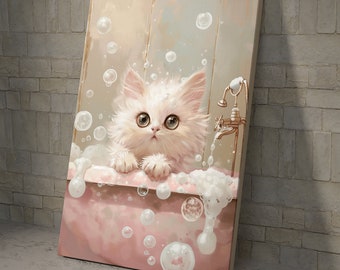 Funny Cute Cat In The Bathtub, Kitten Art Bathroom Wall Decor Poster and Canvas