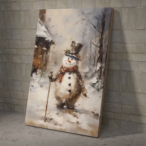 Retro Vintage Snowman In The Town Christmas Poster and Canvas, Christmas Wall Art Decor