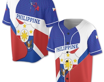 May include: A white, blue, and red baseball jersey with the word "PHILIPPINE" printed on the front. The jersey features a design of the Philippine flag with a stylized map of the Philippines.