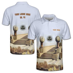 May include: White polo shirt featuring a surrealist design with a staircase, globe-topped pillars, and an all-seeing eye symbol. The shirt includes the text "YOUR NAME" and "YOUR LODGE NAME NL 99".