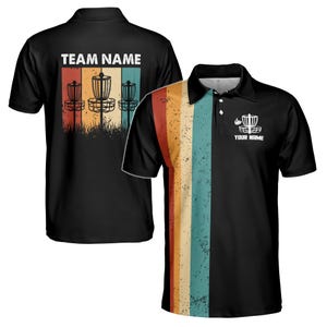 Custom Name Team Disc Golf Retro Pattern Black Men&#39;s Polo Shirt S-5XL