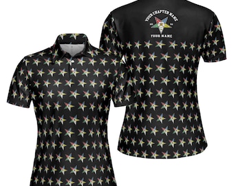 May include: A black polo shirt featuring an all-over pattern of multi-colored five-pointed stars. The back displays a larger star emblem with the text "YOUR CHAPTER NAME" and "YOUR NAME" printed above and below the central star graphic design.