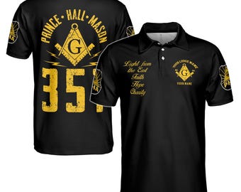 May include: Black polo shirt with a gold Masonic symbol and the text "Prince Hall Mason" on the back. The front of the shirt has the text "Light from the East Faith Hope Charity" and a gold Masonic symbol with the text "Your Lodge Name" and "Your Name".