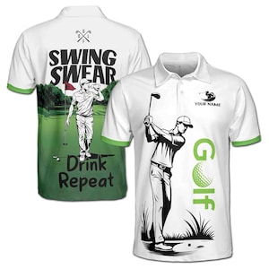 Custom Name Golf Player Swing Swear Drink Repeat Men&#39;s Polo S-5XL