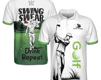 Custom Name Golf Player Swing Swear Drink Repeat Men's Polo S-5XL
