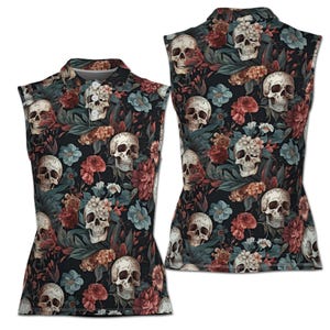 Floral Skull Grunge Women&#39;s Sleeveless Polo Shirt XS-4XL