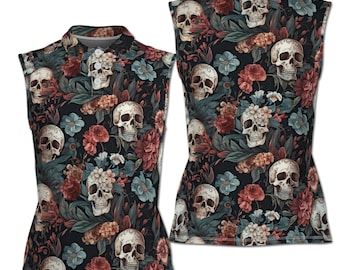 Floral Skull Grunge Women's Sleeveless Polo Shirt XS-4XL