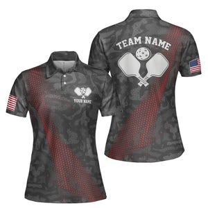 Kundenspezifisches Name Grau Camouflage Amerikanische Flagge Pickleball Damen Poloshirt S-5XL