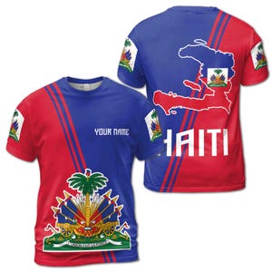 May include: A red and blue t-shirt with the Haitian coat of arms and the word "HAITI" in white. The shirt has a split design with a red and blue colour scheme, and the text "YOUR NAME" is printed on the front.