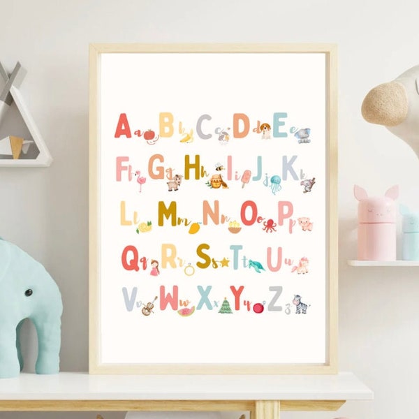 Alphabet Poster download, children playroom poster, Watercolor ABC Print, rainbow alphabet, back to school, homeschool educational printable