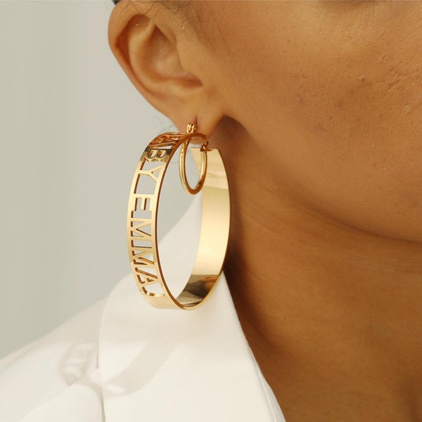Gold Name Earrings, Letter Hoop Earrings, Custom Name Earrings, Large Hoop Earrings, Women Name Earrings, Minimalism Earring, Jewelry Gift