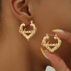 Heart Bamboo Name Earrings Custom Name Earrings Heart Name