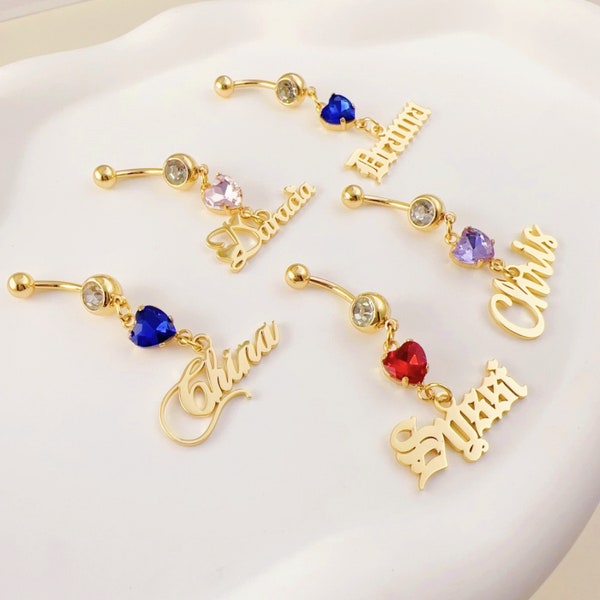 Bling Birthstone Belly Ring, Custom Name Belly Ring, Nameplate Belly Ring, Personalized Belly Ring, Body Jewelry, Birthday Gift,Gift for Her