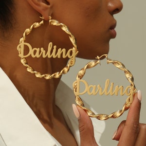 Custom Name Hoop Earrings, Gold Nameplate Earrings, Twist Hoops Earrings, Large Hoop Earrings, Personalized Earrings, Jewelry Gift for Wife
