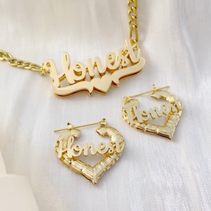 Custom Jewelry Set, Kids Name Earrings, Double Nameplate Necklace, Baby Name Earrings, Gold Hoops, Name Jewelry Set, Christmas Gift for Kids