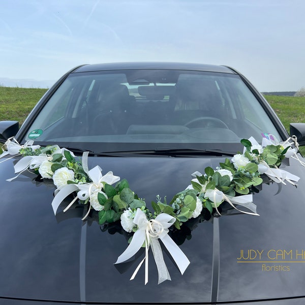 3tlg. weiße Pfingstrose - Perlenringe -  Autodekoration Autogirlande Autoschmuck Hochzeit Pfingstrosen-Eukalyptus-Bux-Girlande creme/weiß