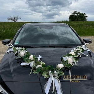 5tlg. Autodekoration Autogirlande Autoschmuck Hochzeit Rosen-Eukalyptus-Girlande creme/weiß/grün