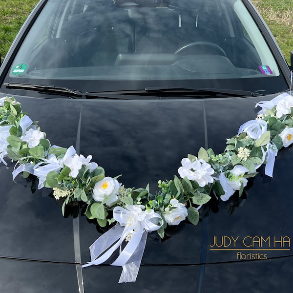 3tlg. Autoschmuck Hochzeit Hortensien-Eukalyptus- Rosen-Girlande weiss