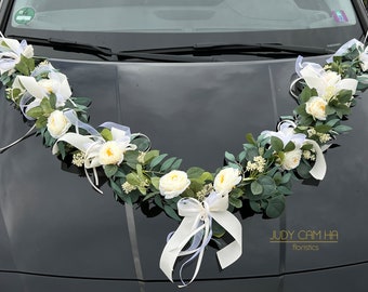 3tlg. Autodekoration Autogirlande Autoschmuck Hochzeit Rosen-Eukalyptus-Girlande creme/weiß/grün CW1