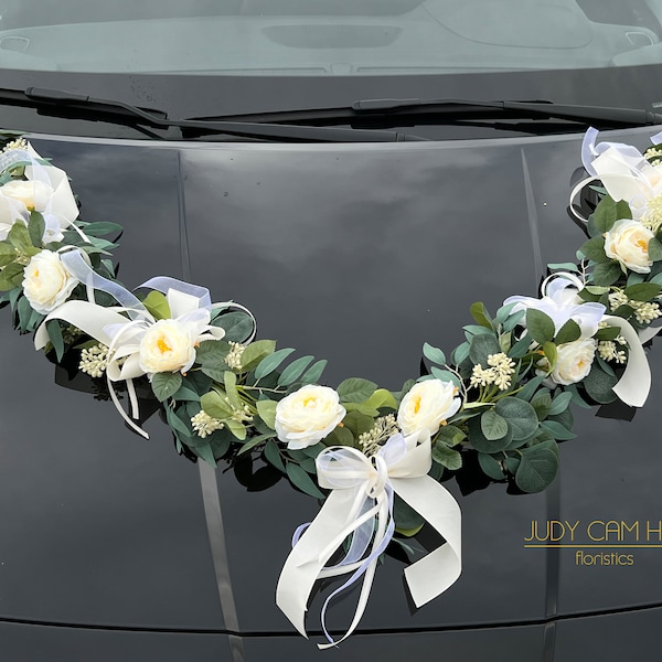 3tlg. Autodekoration Autogirlande Autoschmuck Hochzeit Rosen-Eukalyptus-Girlande creme/weiß/grün CW1