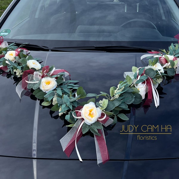 3tlg. Autoschmuck Hochzeit Eukalyptus- Rosen-Girlande bordeaux/champagner