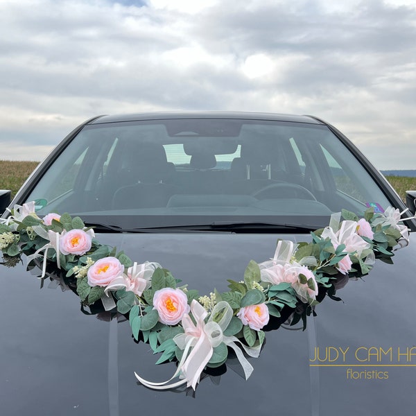 3tlg. Autoschmuck Hochzeit Rosen-Eukalyptus-Bux Girlande creme/zartrosa CZR1