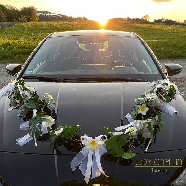 3tlg. Autodekoration Autogirlande Autoschmuck Hochzeit Monstera  Frangipani Plumeria creme/weiß/gelb EXQUISIT