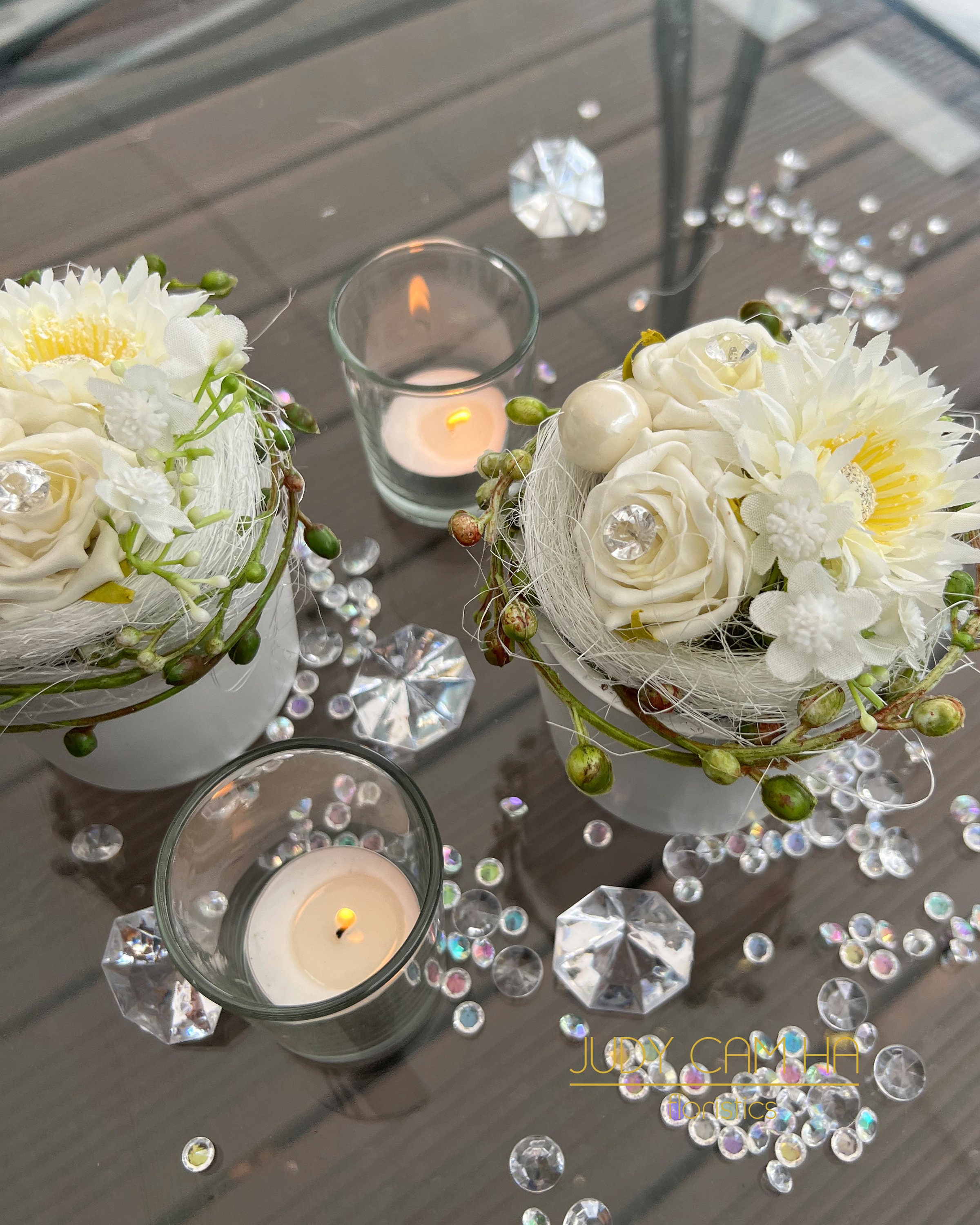 Tischdekoration Set für 6 Tische GERBERA Hochzeit Kommunion Konfirmation Taufe weiß/creme/grün