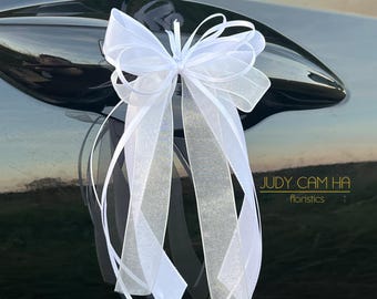 10 Schleifen Antennenschleifen Autoschleifen Autoschmuck Dekoschleifen Kommunion Hochzeit weiss 10x20 cm W2D1