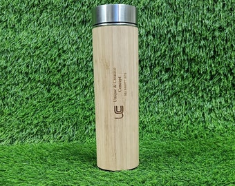 Personalized Eco-Friendly Bamboo Stainless Steel Tumbler,Thermos Bottle Flask with Tea Strainer Infuser, Engraved Cup Insulated Travel Mug