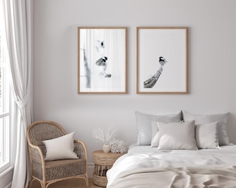 Norway Bird Wall Art Set of 2, Scandinavian Winter Bird Photography Prints, Neutral Nordic Wall Decor, Minimalist Nature Artwork