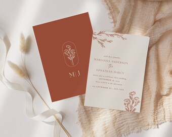 Terracotta Wedding Invitation Template | Minimalist Burnt Orange Invite | Desert Wedding Invite | Editable Rust Template