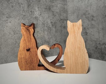 Handmade Oak Cat Figurines | Heart Tail Kitty Sculpture