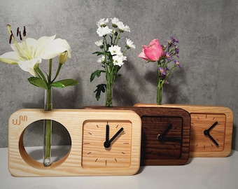 Solid Wood Table Clock with Flower Ampoule | Mid-Century Modern Decor | Oak and Ash Wood