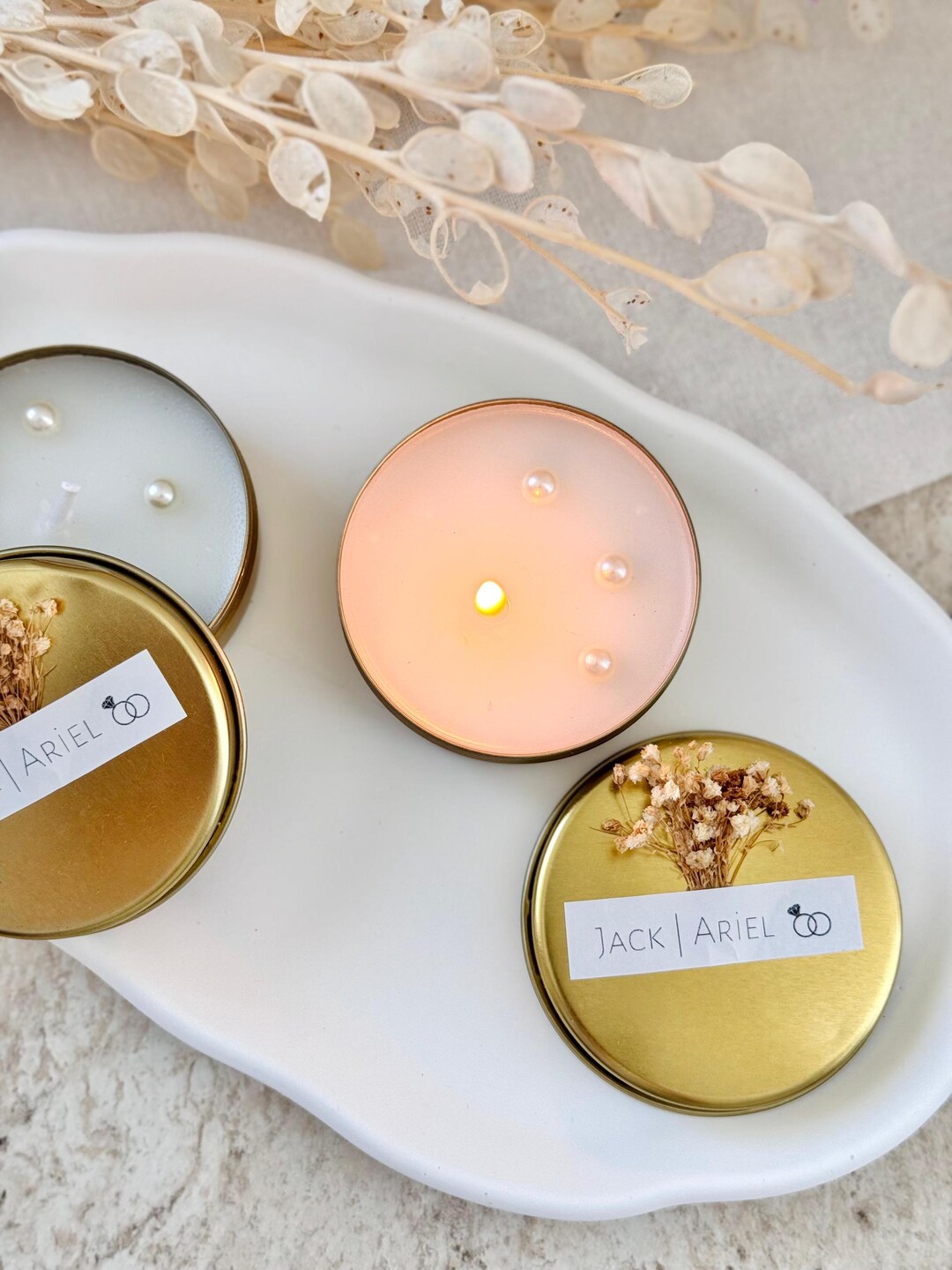 Personalized Wedding Favor Candle Tin, Dried Flowers, Bridal Shower ...