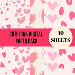 Paquete de papel digital Pink Doodle, páginas de scrapbooking de patrones imprimibles, tema lindo