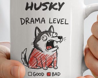Husky Drama Levels Mug | Funny Dog Illustration Ceramic Mug