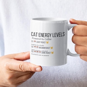 May include: White ceramic mug with the text "CAT ENERGY LEVELS" and coffee roast levels. The mug has a handle and is held by a person. The text includes "Light Roast", "Medium Roast", and "Dark Roast".