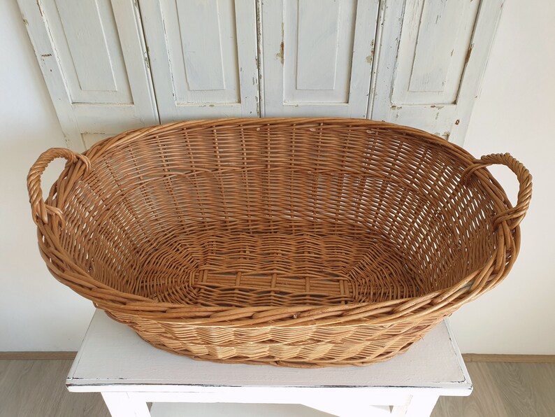 Old Laundry Basket, Large Antique Wicker Basket, Handwoven, Rural