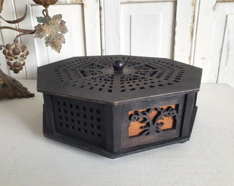 antique wooden box, Victorian fretwork, old casket, jewelry box, sewing box, wooden box, France, French vintage, brocante