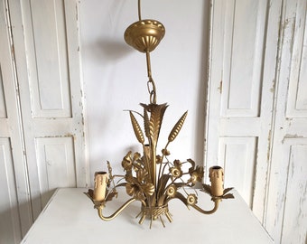 antike goldene Deckenleuchte, vintage Florentiner Lampe, Ähren, Weizen, Blüten, Kronleuchter, Italy, Kögl, RAR