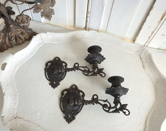 Conjunto: 2x candelabros de piano antiguos, par de candelabros de pared antiguos, Art Nouveau, bronce, vintage francés, decoración brocante, en mal estado, RARO