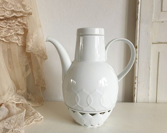 antike Teekanne mit Stövchen, alte Porzellan Kanne, Kaffeekanne, Rosenthal Studio Line, vintage, Lotus weiß, shabby, brocante, mid century