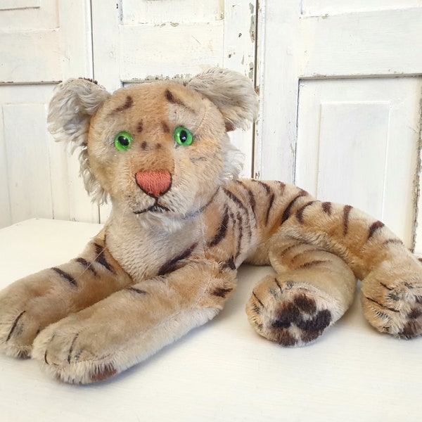 antiker Tiger von Steiff, altes Steifftier, liegend, Sammlerstück, Plüschtier, brocante, shabby, vintage, RAR