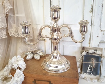 bougeoir ancien, chandelier argenté, candélabre antique, 3 lumières, vintage, brocante, décoration de maison de campagne