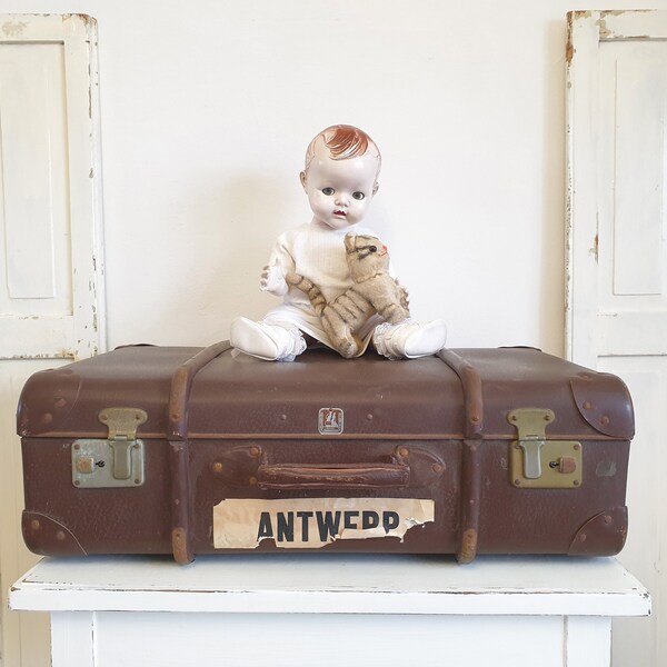 antique steamer trunk, large old travel suitcase, vintage decoration, chest, label, shabby chic, storage, brocante, boudoir, country house