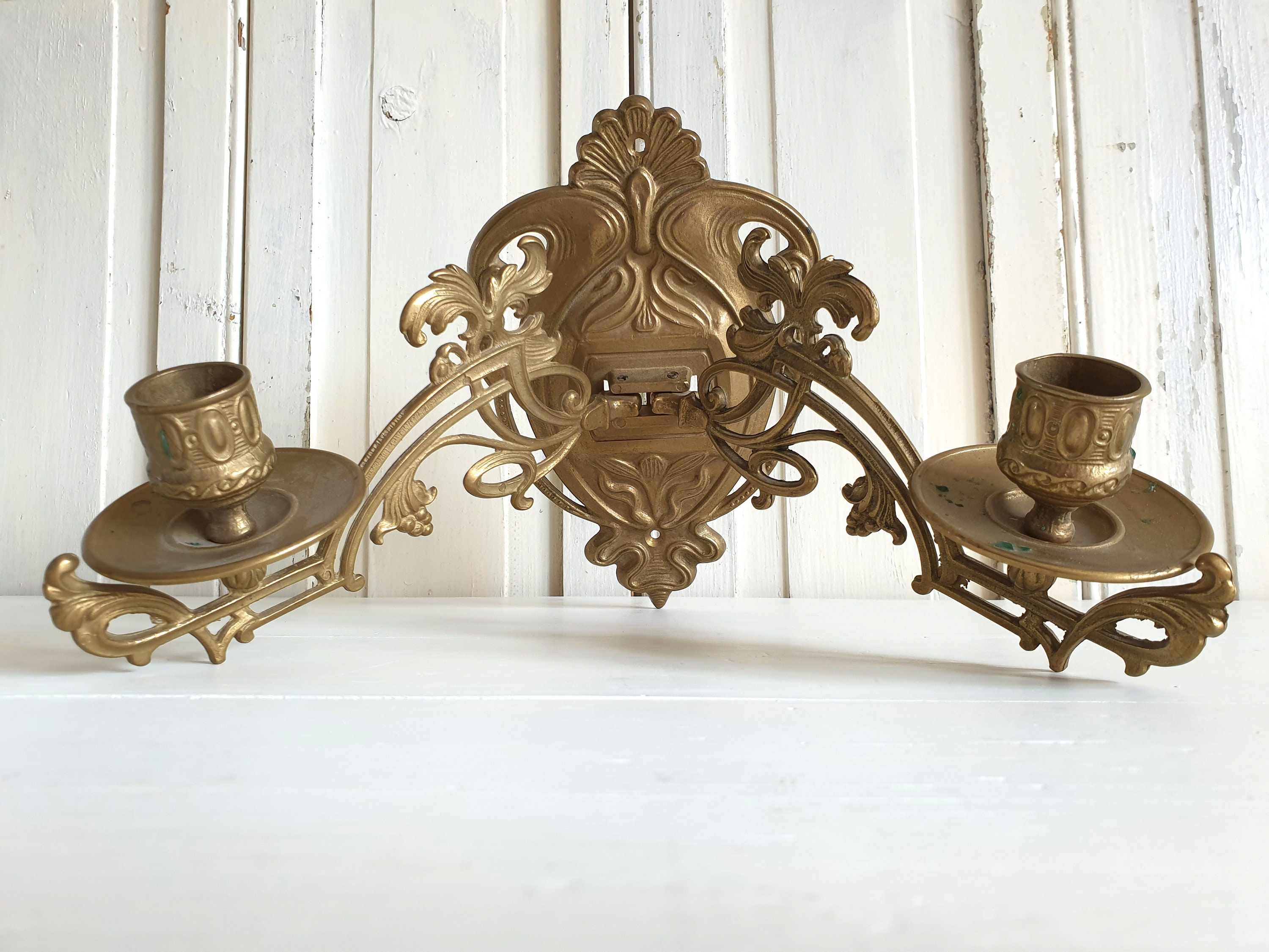 antique piano chandelier, large old wall candle holder, Art Nouveau, brass, French vintage, brocante decoration, shabby, RARE