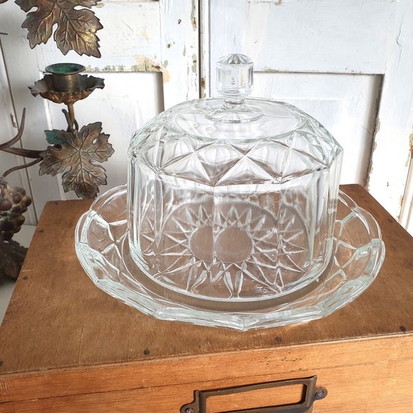 old butter dish, large glass cover, cheese cover, glass bell, antique cloche, pressed glass, glass, French vintage, brocante, shabby, country house